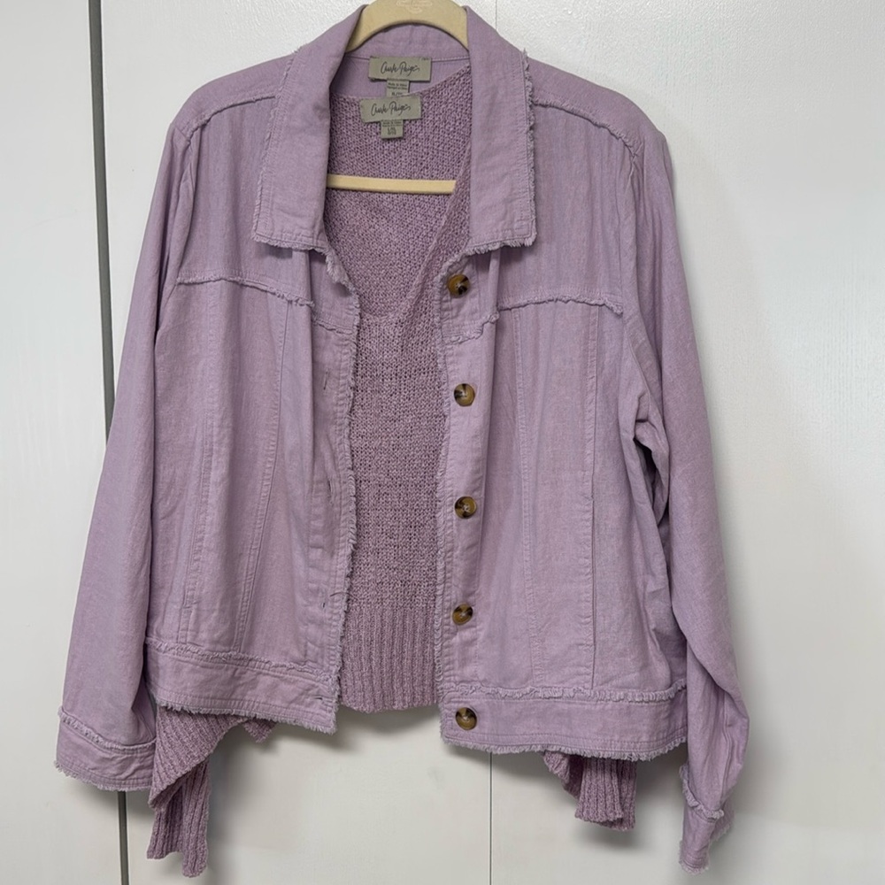 Light weight purple frayed jacket and matching overlay sweater